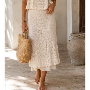 Vintage Crochet Cotton Midi Skirt Cream Size Small Boho Coquette Softgirl Look